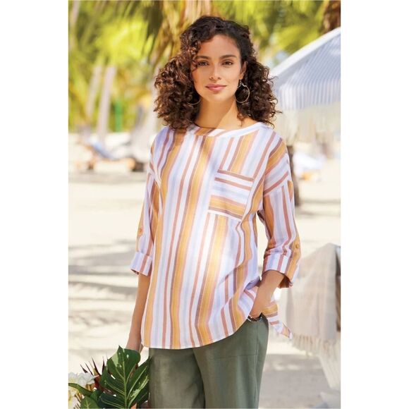 Soft Surroundings Enyo Striped Top Womens Large Roll Tab Sleeve Cotton Tencel - Picture 1 of 12